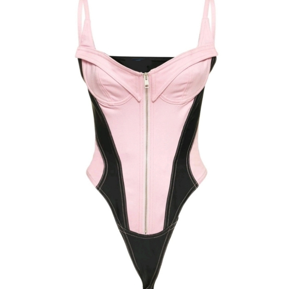 Beulah Two-Tone Front Zip Fitted Corset Bodysuit Pink Black Playsuit New